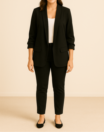 Dame Let Blazer Med Åben Front Og Rynkede Ærmer – Elegant Jakke Med Lommer Til Kontoret, Smart Casual-stil Og Hverdagsbrug