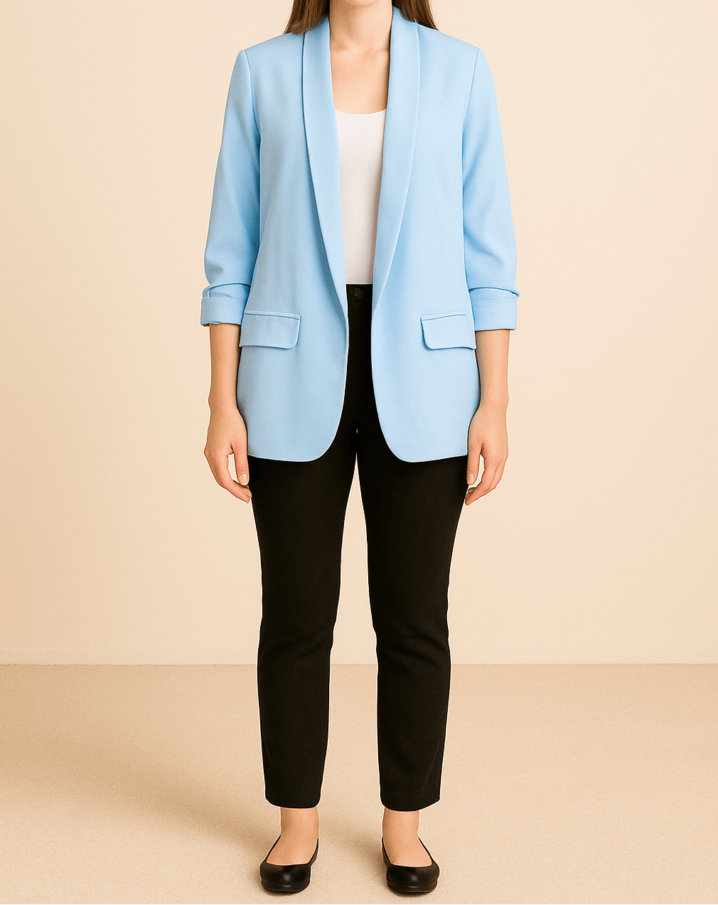 Dame Let Blazer Med Åben Front Og Rynkede Ærmer – Elegant Jakke Med Lommer Til Kontoret, Smart Casual-stil Og Hverdagsbrug