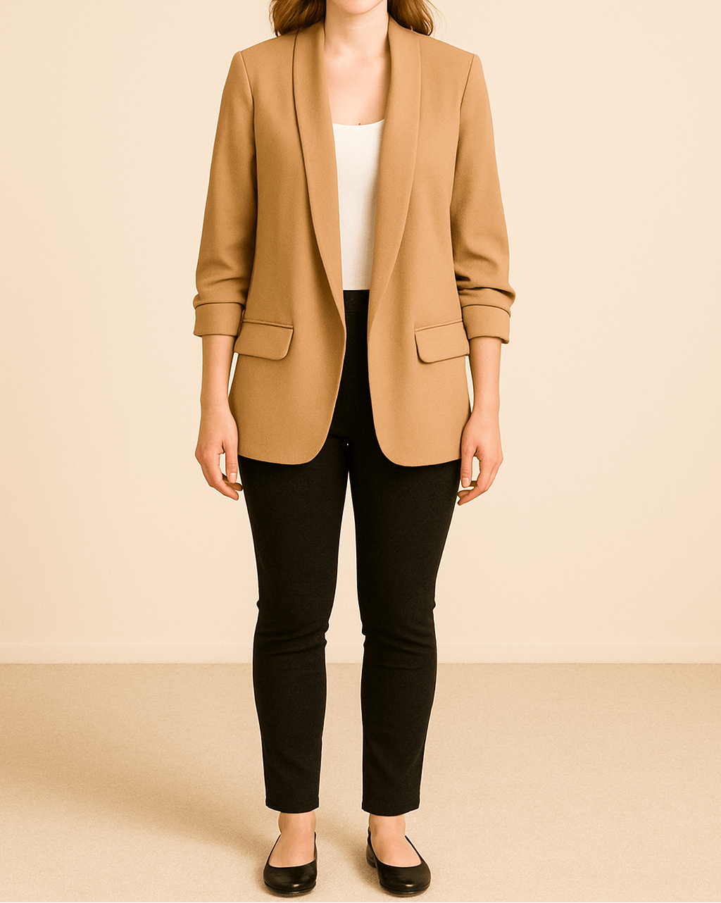 Dame Let Blazer Med Åben Front Og Rynkede Ærmer – Elegant Jakke Med Lommer Til Kontoret, Smart Casual-stil Og Hverdagsbrug