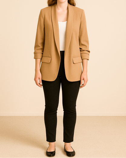Dame Let Blazer Med Åben Front Og Rynkede Ærmer – Elegant Jakke Med Lommer Til Kontoret, Smart Casual-stil Og Hverdagsbrug