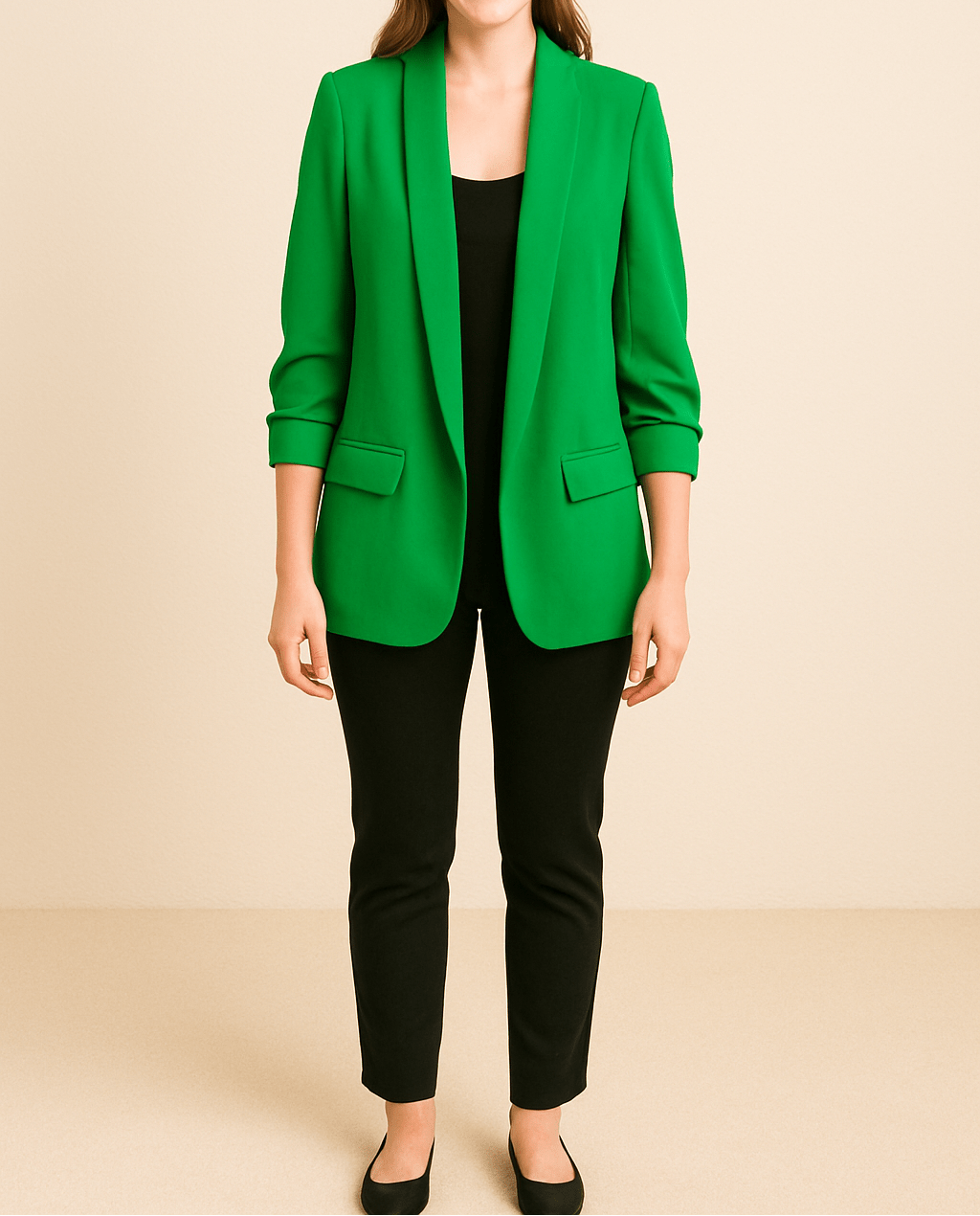 Dame Let Blazer Med Åben Front Og Rynkede Ærmer – Elegant Jakke Med Lommer Til Kontoret, Smart Casual-stil Og Hverdagsbrug