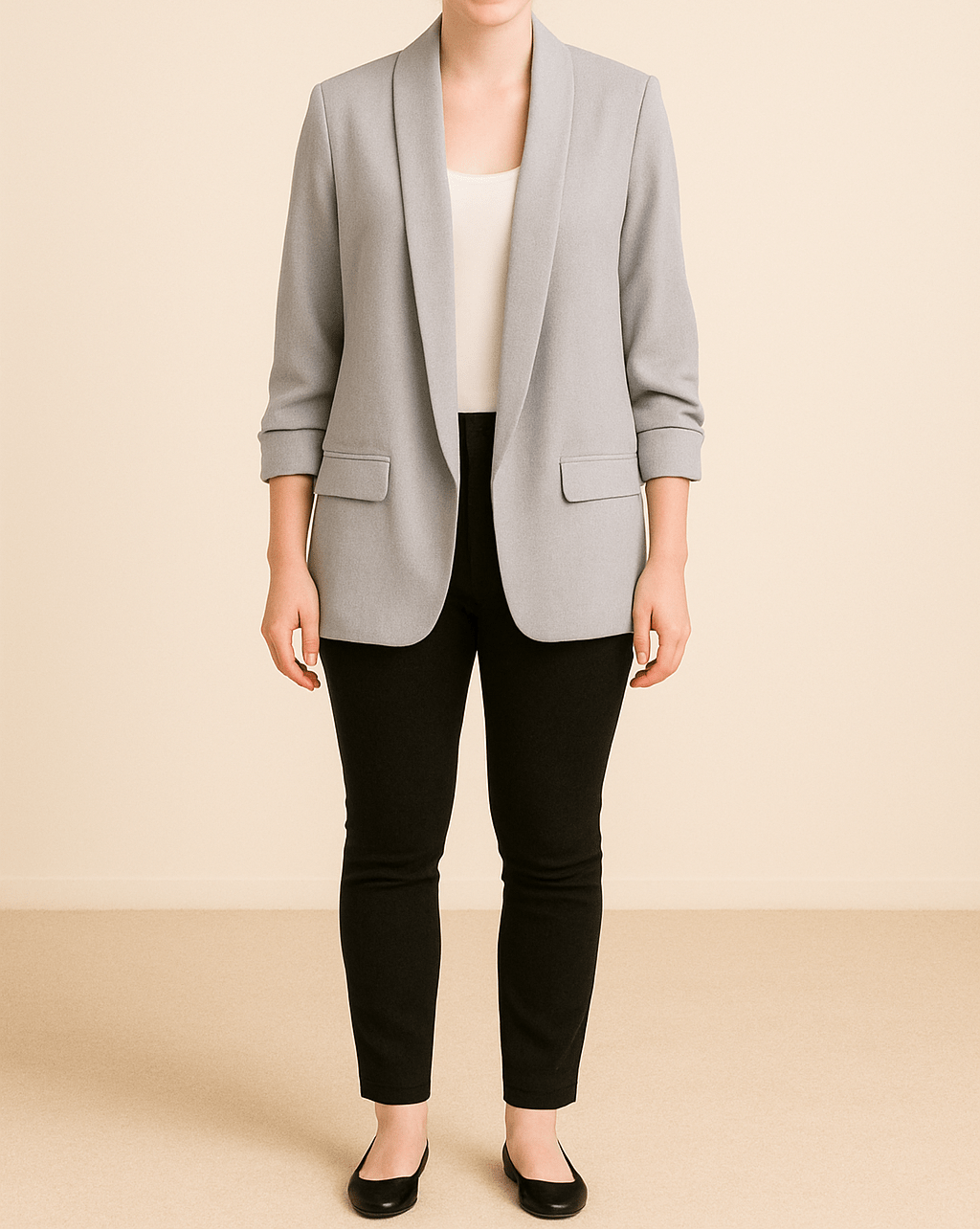 Dame Let Blazer Med Åben Front Og Rynkede Ærmer – Elegant Jakke Med Lommer Til Kontoret, Smart Casual-stil Og Hverdagsbrug