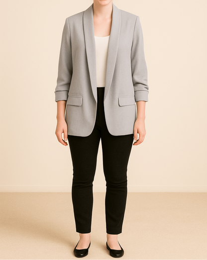 Dame Let Blazer Med Åben Front Og Rynkede Ærmer – Elegant Jakke Med Lommer Til Kontoret, Smart Casual-stil Og Hverdagsbrug