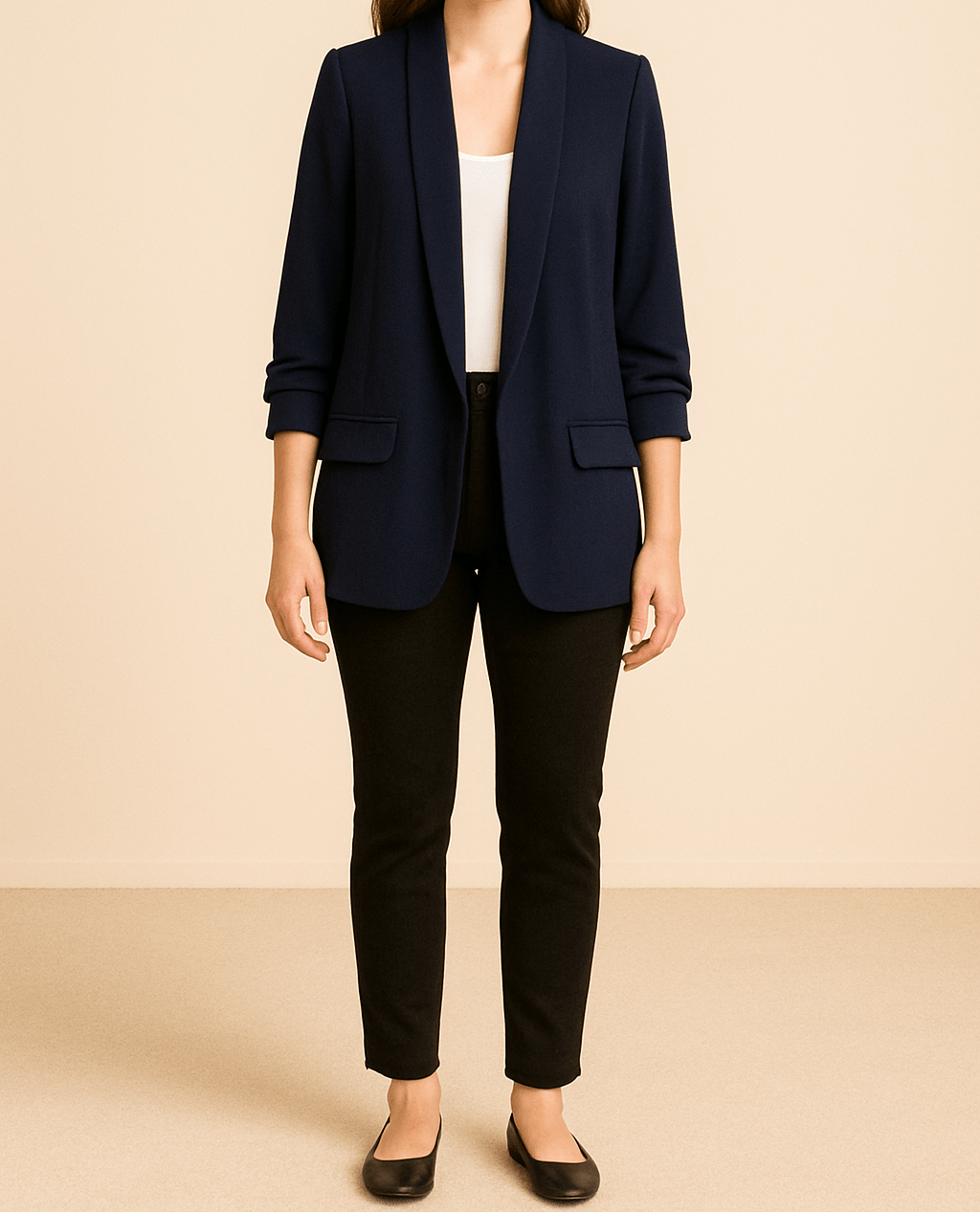 Dame Let Blazer Med Åben Front Og Rynkede Ærmer – Elegant Jakke Med Lommer Til Kontoret, Smart Casual-stil Og Hverdagsbrug