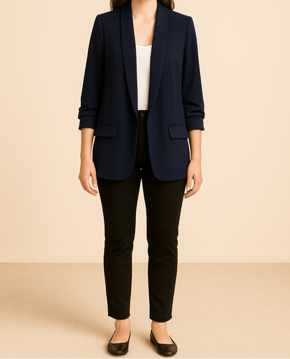 Dame Let Blazer Med Åben Front Og Rynkede Ærmer – Elegant Jakke Med Lommer Til Kontoret, Smart Casual-stil Og Hverdagsbrug