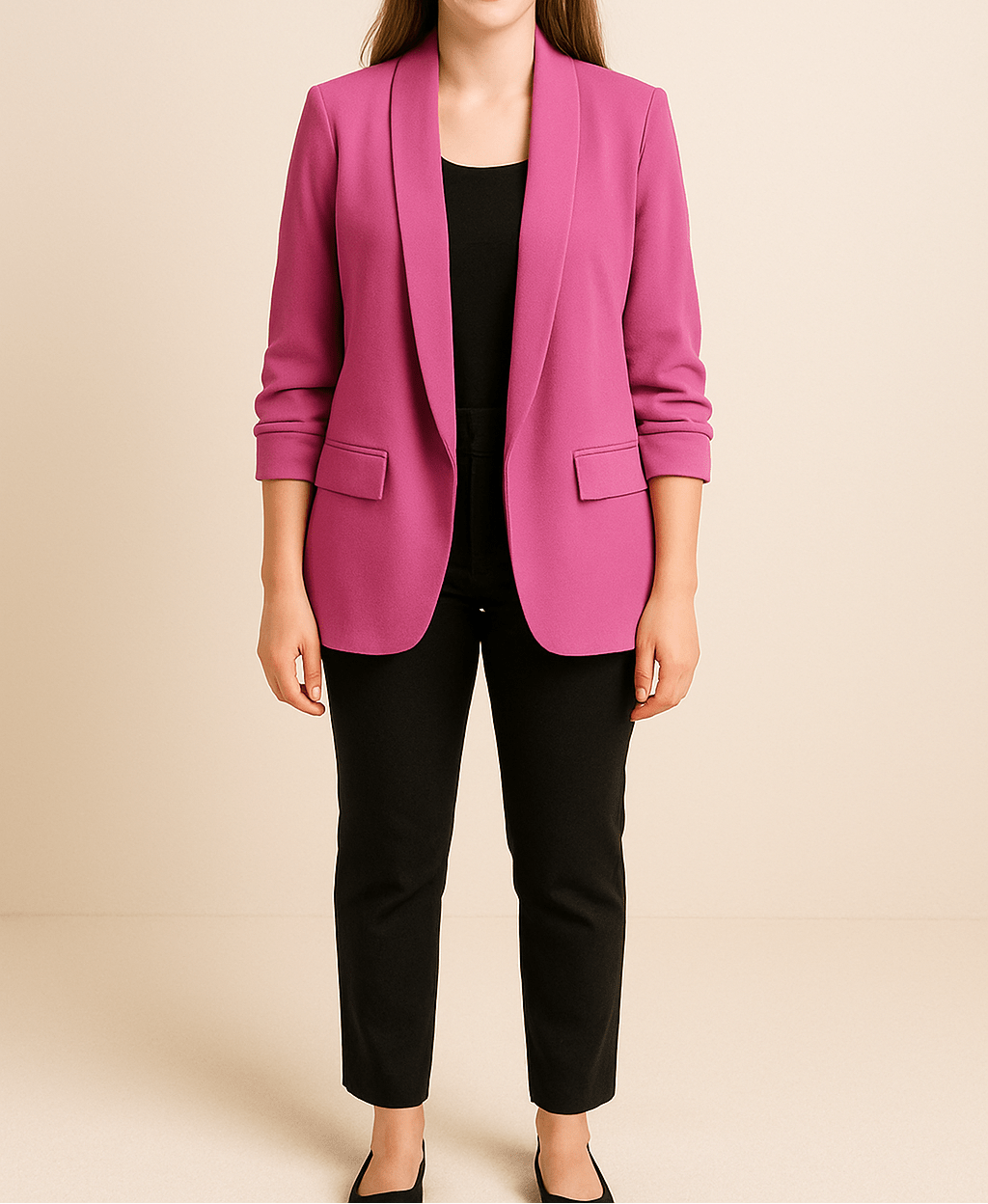 Dame Let Blazer Med Åben Front Og Rynkede Ærmer – Elegant Jakke Med Lommer Til Kontoret, Smart Casual-stil Og Hverdagsbrug