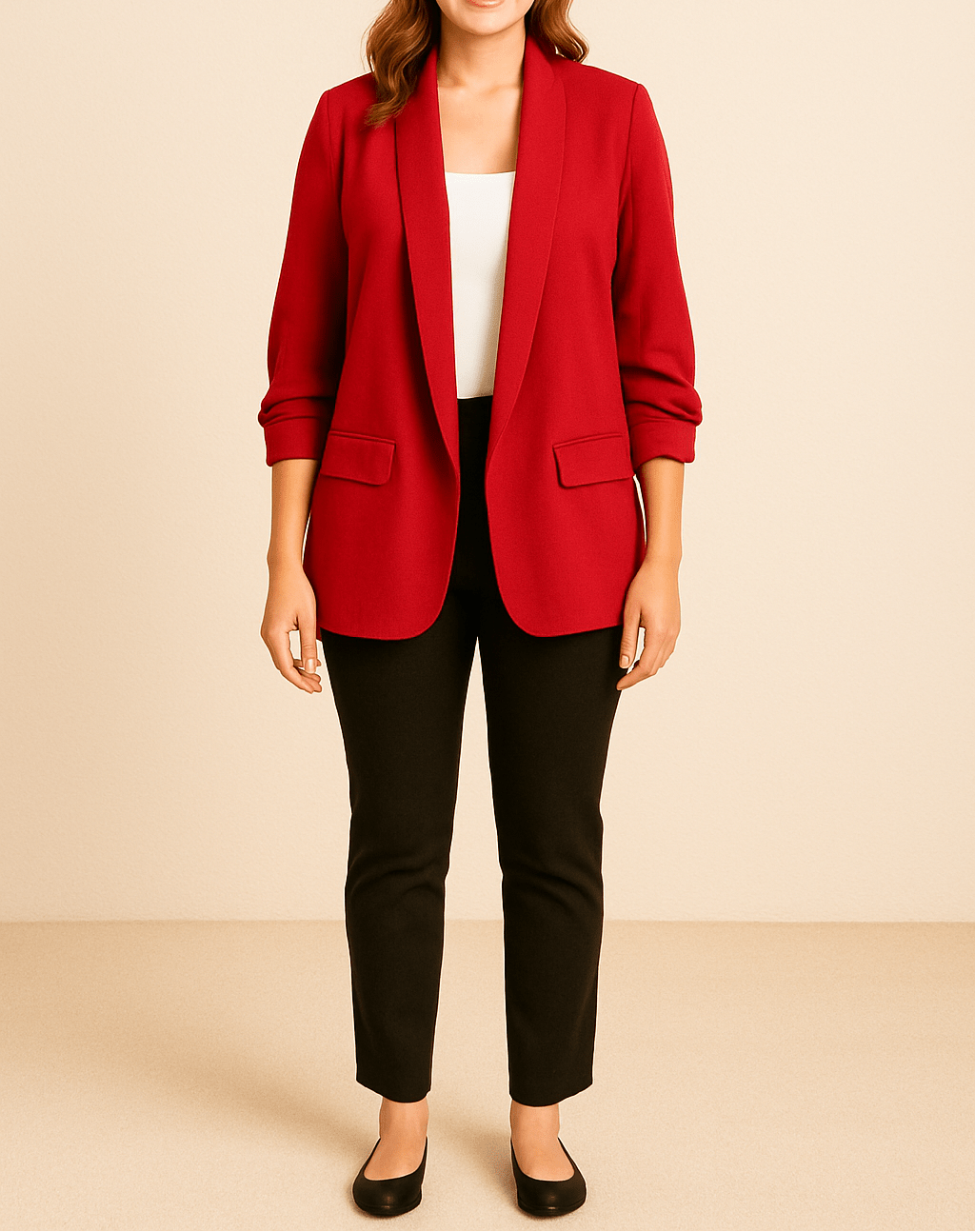 Dame Let Blazer Med Åben Front Og Rynkede Ærmer – Elegant Jakke Med Lommer Til Kontoret, Smart Casual-stil Og Hverdagsbrug