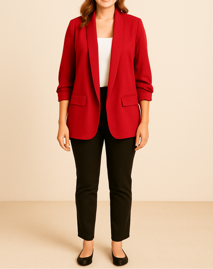 Dame Let Blazer Med Åben Front Og Rynkede Ærmer – Elegant Jakke Med Lommer Til Kontoret, Smart Casual-stil Og Hverdagsbrug