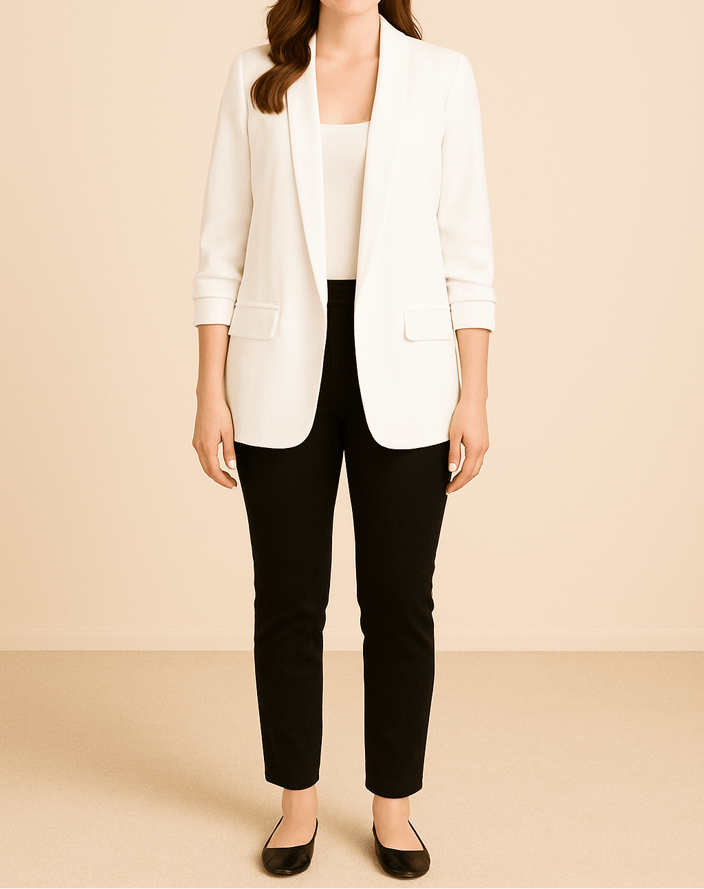 Dame Let Blazer Med Åben Front Og Rynkede Ærmer – Elegant Jakke Med Lommer Til Kontoret, Smart Casual-stil Og Hverdagsbrug