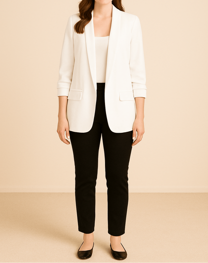 Dame Let Blazer Med Åben Front Og Rynkede Ærmer – Elegant Jakke Med Lommer Til Kontoret, Smart Casual-stil Og Hverdagsbrug