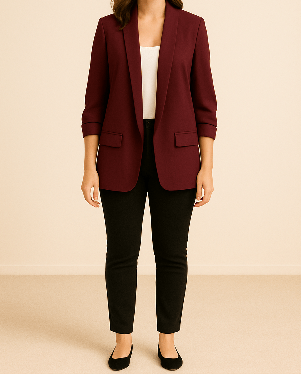Dame Let Blazer Med Åben Front Og Rynkede Ærmer – Elegant Jakke Med Lommer Til Kontoret, Smart Casual-stil Og Hverdagsbrug