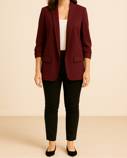 Dame Let Blazer Med Åben Front Og Rynkede Ærmer – Elegant Jakke Med Lommer Til Kontoret, Smart Casual-stil Og Hverdagsbrug