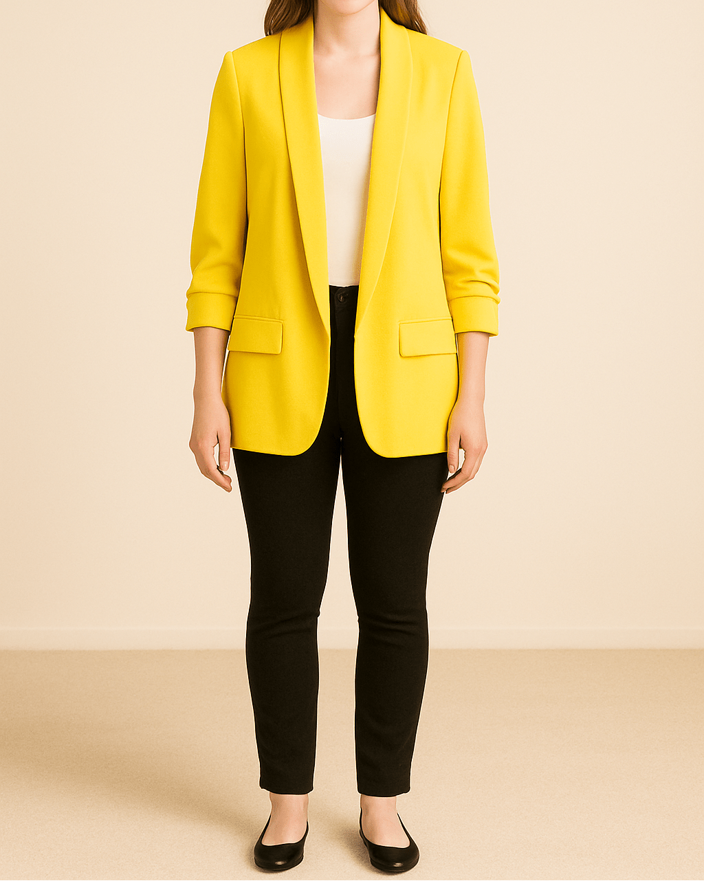 Dame Let Blazer Med Åben Front Og Rynkede Ærmer – Elegant Jakke Med Lommer Til Kontoret, Smart Casual-stil Og Hverdagsbrug