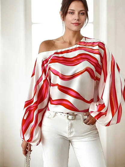 Bluză din satin cu model, cu un singur umăr și mâneci bufante – bluză elegantă pentru petreceri, serile în oraș și ocazii speciale