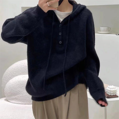 Dame Ribstrikket Sweater Med Hætte Og Knaplukning I Halsen – Afslappet Pullover Til Efterår, Vinter, Hverdagsbrug Og Fritid