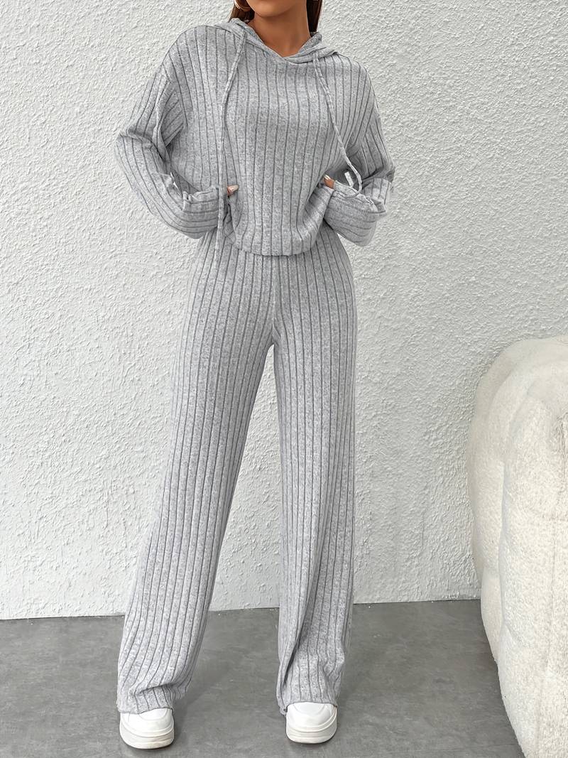 Women's rib-knit 2-piece set with hood and relaxed long-sleeve top - matching pants for everyday wear, leisure, and casual style