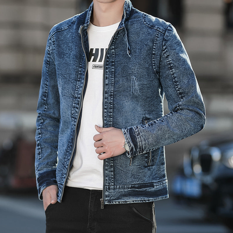 Chaqueta vaquera para hombre con cuello mao, cremallera y efecto desgastado - Chaqueta casual con bolsillos con cremallera para otoño, uso diario y ocio