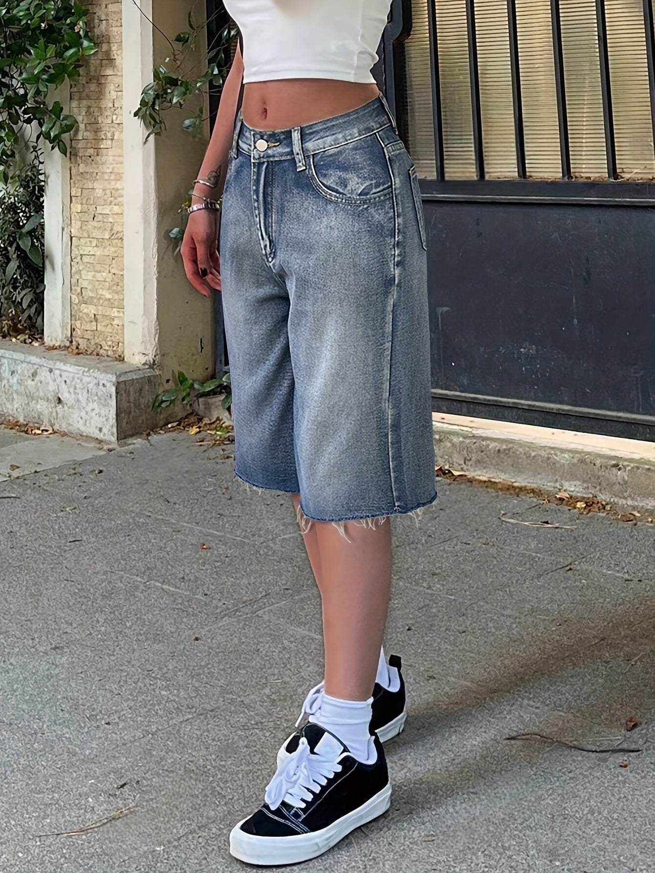 Dame Denimshorts Med Høj Talje Og Brede Ben – Afslappede Knælange Jorts Til Sommer, Ferie, Hverdagsbrug Og Casual Outfits