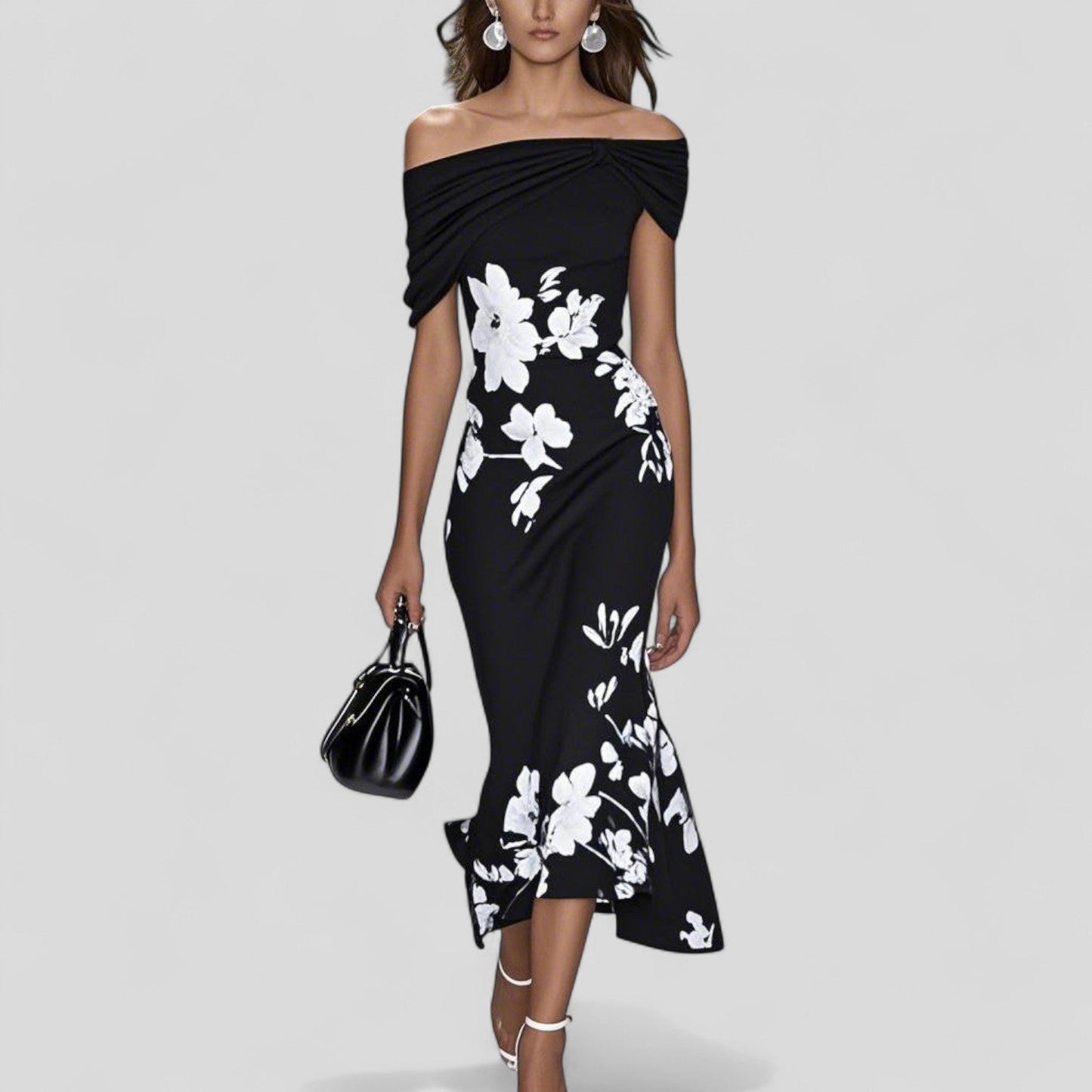 Dame Off-Shoulder Blomstret Midikjole Med Elegant Silhuet