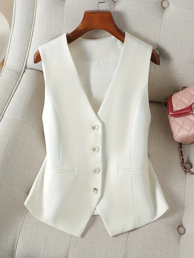 Vestă cambrată pentru femei, cu decolteu în V și închidere cu nasturi – top elegant fără mâneci, pentru birou și ținute smart casual