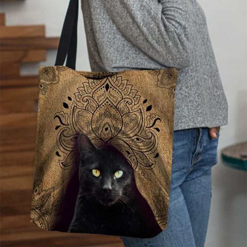 Dame Canvas-tote Med Katteprint Og Lange Bærehåndtag – Rummelig Casual Skuldertaske Til Shopping, Hverdagsbrug Og Fritid