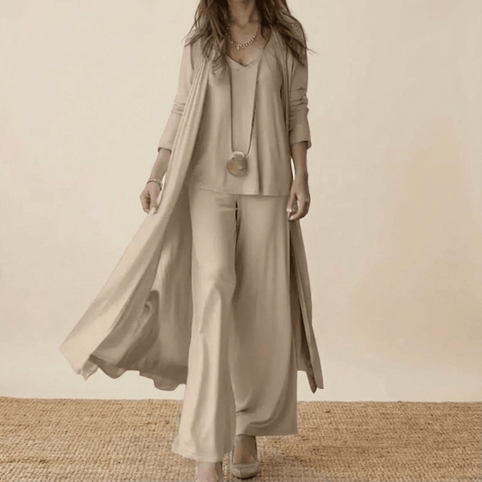 Women's 3-Piece Knit Set with Long Cardigan and Wide-Leg Trousers – Elegant Outfit for Everyday Wear, Travel, Leisure and Smart-Casual Style