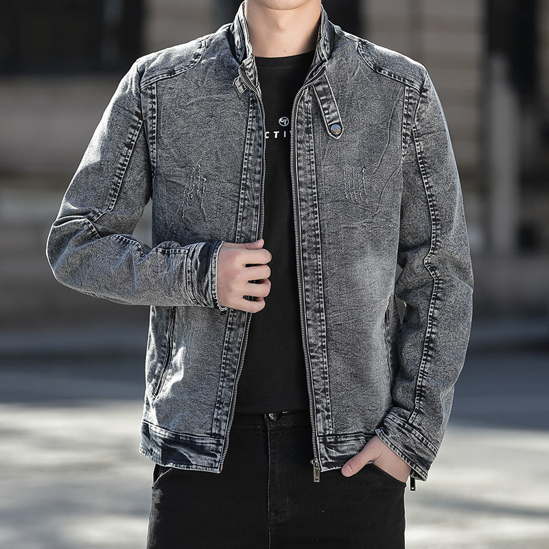 Chaqueta vaquera para hombre con cuello mao, cremallera y efecto desgastado - Chaqueta casual con bolsillos con cremallera para otoño, uso diario y ocio