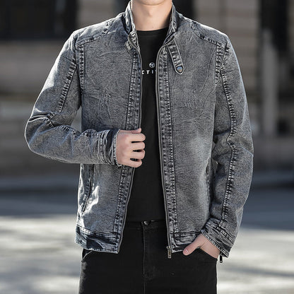 Chaqueta vaquera para hombre con cuello mao, cremallera y efecto desgastado - Chaqueta casual con bolsillos con cremallera para otoño, uso diario y ocio