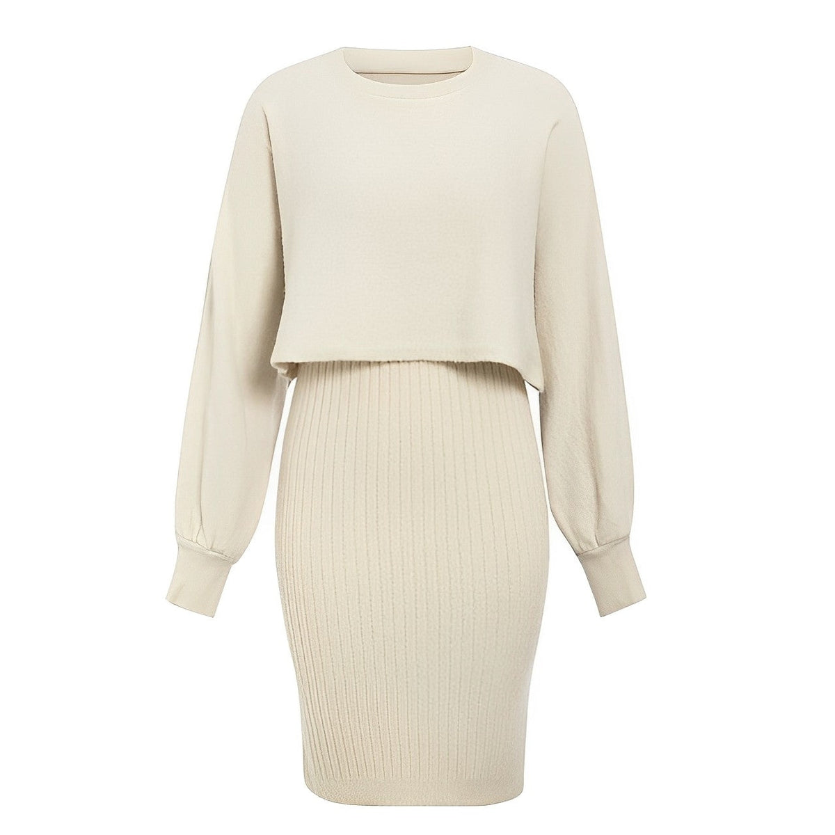 Dame Strikket 2-delt Sæt Med Cropped Sweater, Lanternærmer Og Ribstrikket Midinederdel – Varmt Striksæt Til Efterår, Vinter Og Hverdagsbrug