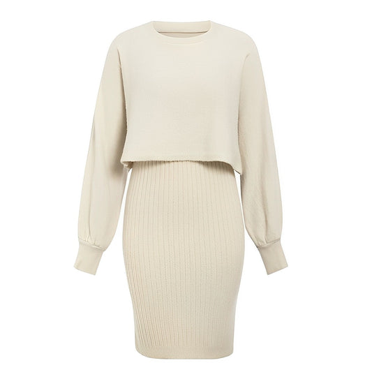 Women's Knitted 2-Piece Set With Cropped Sweater, Lantern Sleeves And Rib-Knit Midi Skirt - Warm Knit Set For Fall, Winter And Everyday Wear