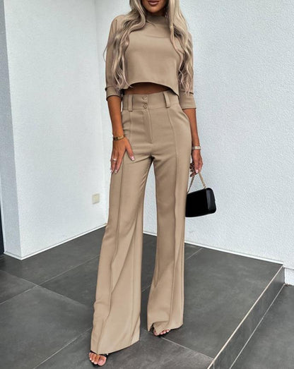 Women's Cropped 2-Piece Pants Set with 3/4-Sleeve Top and High-Waisted Wide-Leg Pants - Tailored Set for Everyday Wear and Smart Casual Style
