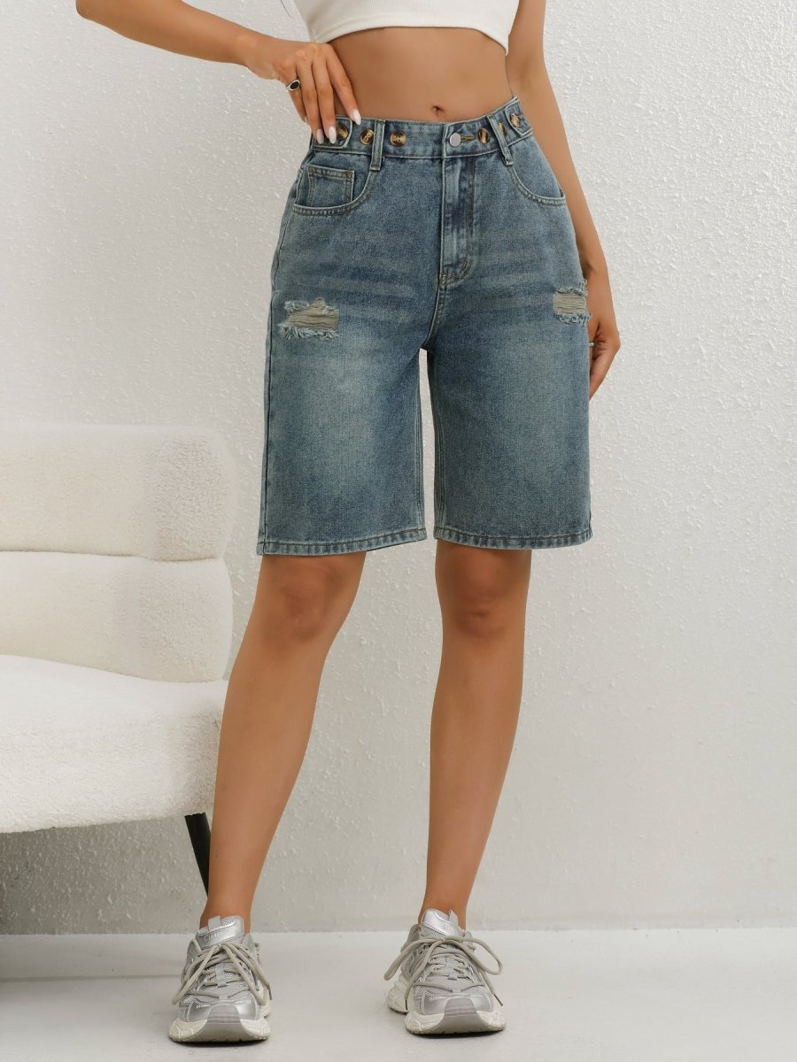 Women's High-Waisted Distressed Denim Bermuda Shorts - Casual Knee-Length Jean Shorts with Button Details for Relaxed Summer Style and Everyday Wear
