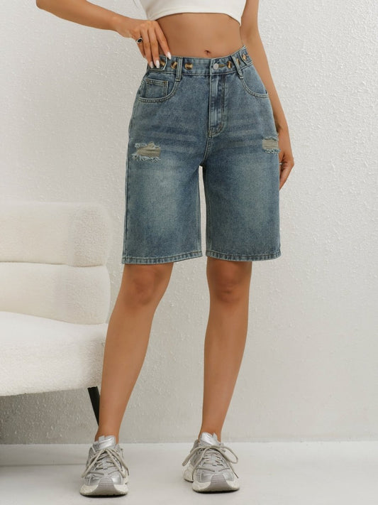 Dame Højtaljede Distressed Denim Bermudashorts – Afslappede Knælange Jeansshorts Med Knapdetaljer Til Afslappet Sommerstil Og Hverdagsbrug