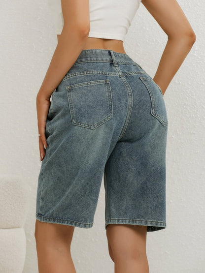 Women's High-Waisted Distressed Denim Bermuda Shorts - Casual Knee-Length Jean Shorts with Button Details for Relaxed Summer Style and Everyday Wear