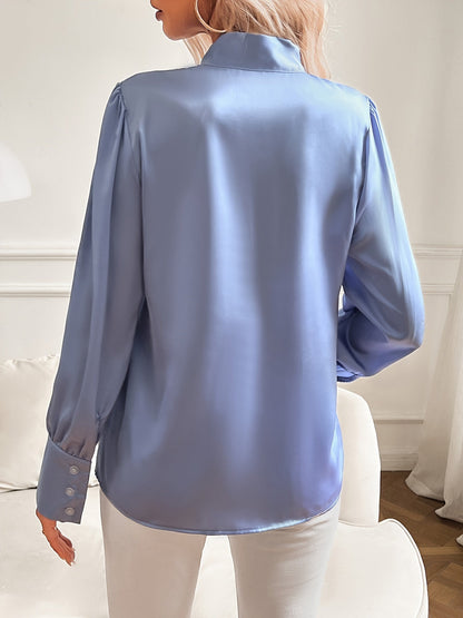 Damebluse I Satin Med Sløjfehals Og Statement-Ærmer