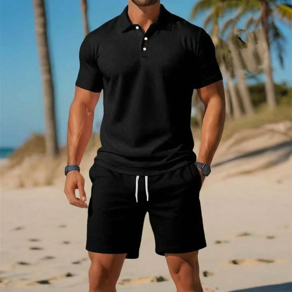 Herre Strikket Polo Og Shorts Co-Ord Sæt Til Hverdag Og Ferie