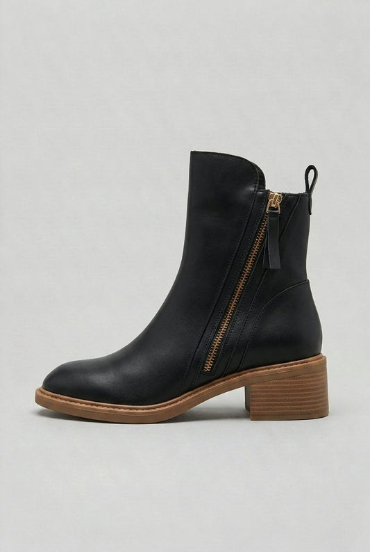 Botine damă cu toc bloc, fermoar lateral și vârf rotund – Botine elegante cu talpă contrastantă pentru purtare zilnică și ținute moderne