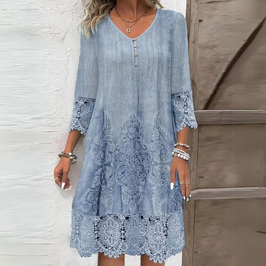 Women's Loose-Fitting Dress with Lace Trim – Embroidered Midi Dress for Summer