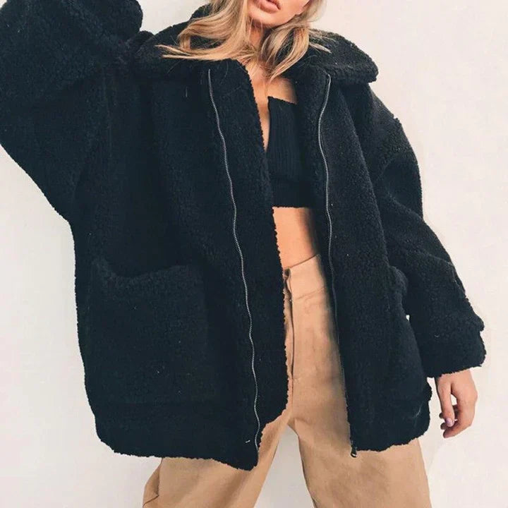 Dámská bunda z teddy fleecu na zip v oversized střihu – měkké a hřejivé svrchní oblečení na podzim, zimu, každodenní nošení a volný čas