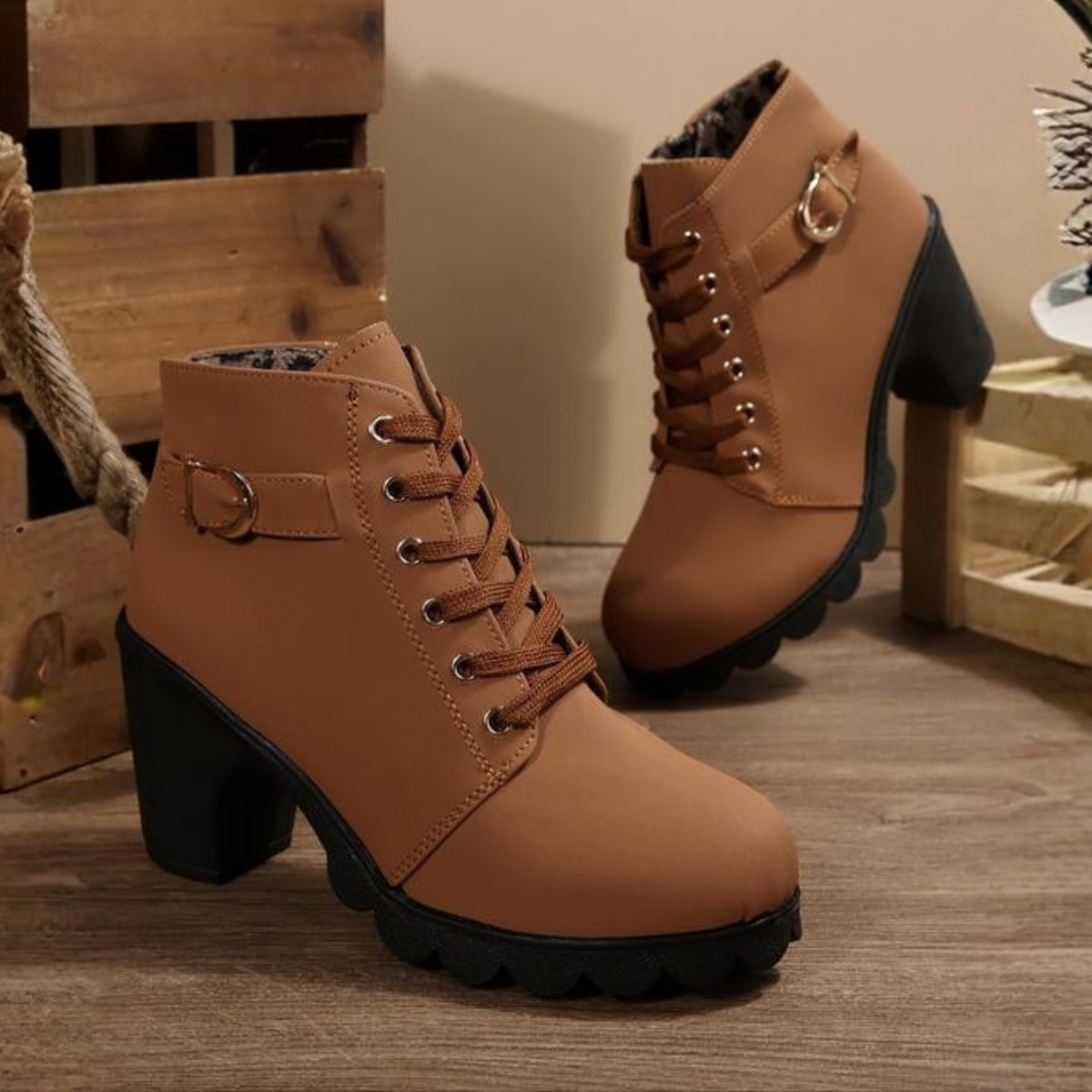 Women's Ankle Boots with Laces, Buckles, Platform Sole and Block Heel – Stylish Boots for Fall, Winter and Smart Casual Everyday Wear