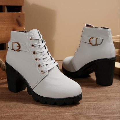 Women's Ankle Boots with Laces, Buckles, Platform Sole and Block Heel – Stylish Boots for Fall, Winter and Smart Casual Everyday Wear