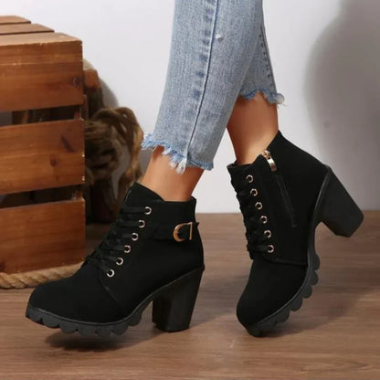 Women's Ankle Boots with Laces, Buckles, Platform Sole and Block Heel – Stylish Boots for Fall, Winter and Smart Casual Everyday Wear