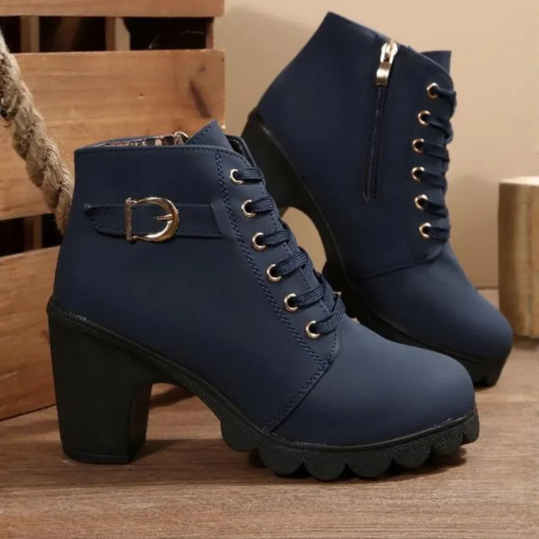 Women's Ankle Boots with Laces, Buckles, Platform Sole and Block Heel – Stylish Boots for Fall, Winter and Smart Casual Everyday Wear
