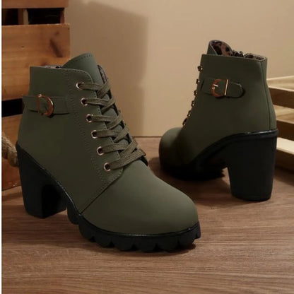 Women's Ankle Boots with Laces, Buckles, Platform Sole and Block Heel – Stylish Boots for Fall, Winter and Smart Casual Everyday Wear