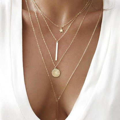Collar de estrellas boho para mujer con varias capas de cadenas, colgantes de barra, moneda y gota - joya en capas para festivales, uso diario y estilo informal