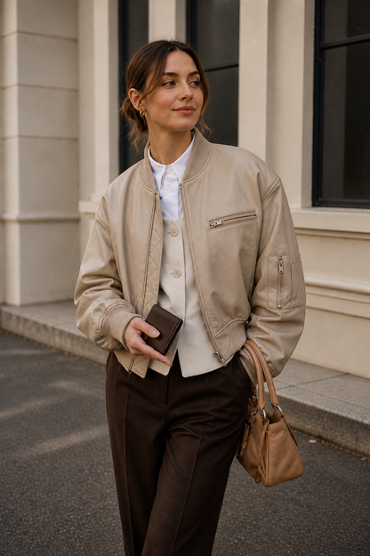 Dámská oversized bomber bunda v koženém vzhledu s náplety a praktickými kapsami – ležérní bunda na zip pro smart casual styl a městský život