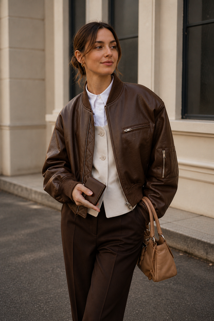Dámská oversized bomber bunda v koženém vzhledu s náplety a praktickými kapsami – ležérní bunda na zip pro smart casual styl a městský život