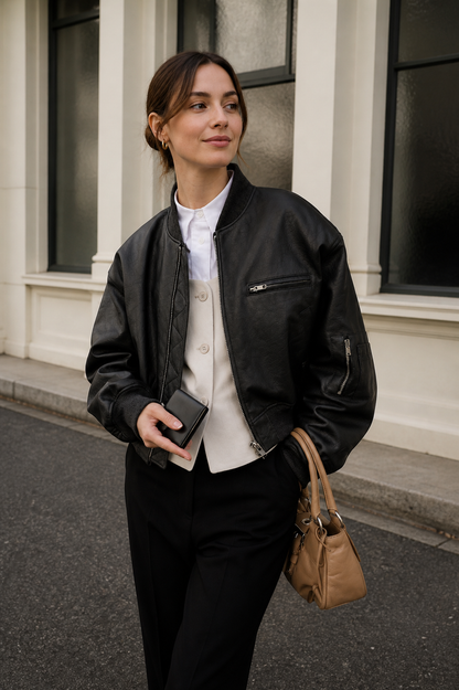 Dámská oversized bomber bunda v koženém vzhledu s náplety a praktickými kapsami – ležérní bunda na zip pro smart casual styl a městský život