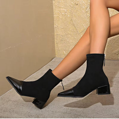 Cizme de gleznă pentru femei, cu vârf ascuțit și toc bloc – Design elegant cu detalii lucioase pentru birou, petreceri, purtare zilnică și stil smart casual