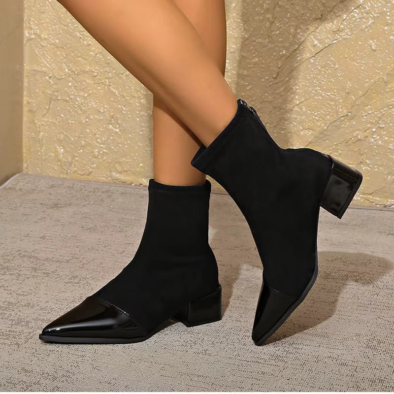 Cizme de gleznă pentru femei, cu vârf ascuțit și toc bloc – Design elegant cu detalii lucioase pentru birou, petreceri, purtare zilnică și stil smart casual